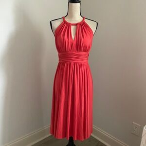 Suzy Chin Maggy Boutique Coral Halter‎ Keyhole Ruched Waist Midi Dress